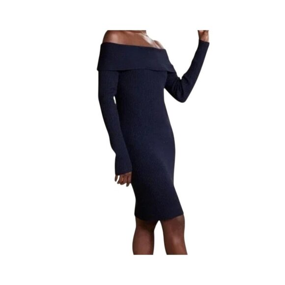 Banana Republic XXL Off-Shoulder Midi Sweater Dress Large Long Sleeve NWT Navy - Picture 1 of 5